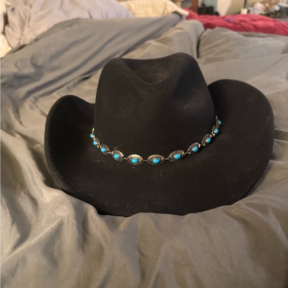 Black Cowboy Hat with Turquoise Accents - Picture 2 of 7